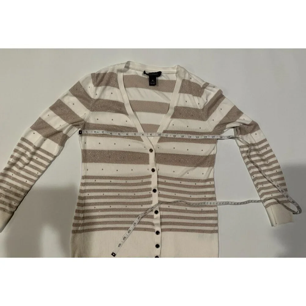 White House Black Market Cardigan Sweater M Striped Beige Metallic Rhinestone Bu - Picture 6 of 8